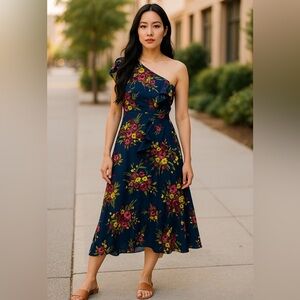 Leith Navy One-Shoulder Floral Midi Dress